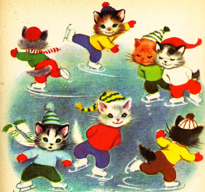 art showing several kittens ice skating in winter clothes. one kitten is still learning, one is twirling, and a pair are skating side by side. 